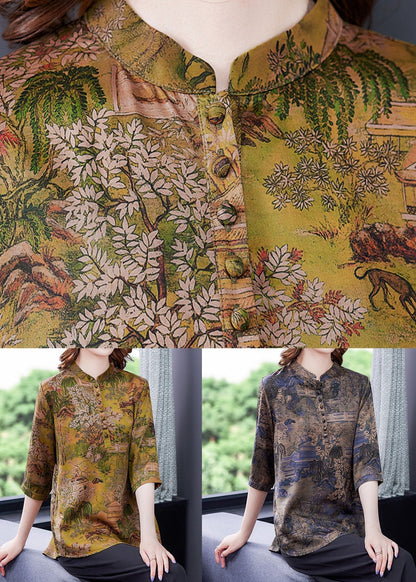 Blue Patchwork Print Button Silk Blouse Tops Summer Ly0427