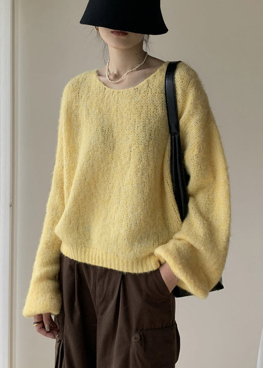 Yellow Cotton Knit Pullover Sweater V Neck Winter Wy020