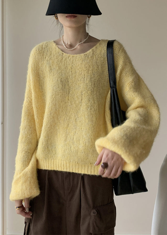 Yellow Cotton Knit Pullover Sweater V Neck Winter Wy020