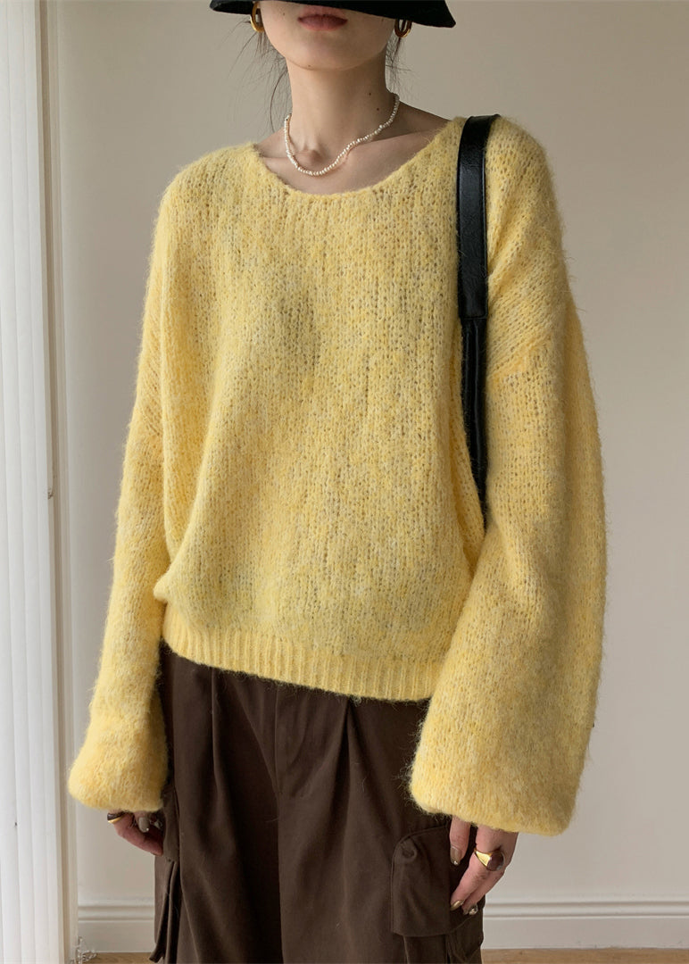 Yellow Cotton Knit Pullover Sweater V Neck Winter Wy020