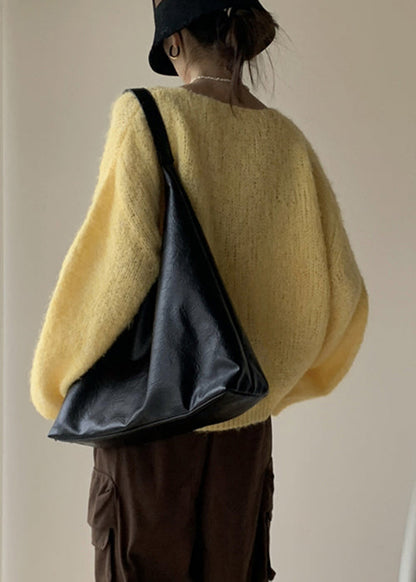 Yellow Cotton Knit Pullover Sweater V Neck Winter Wy020