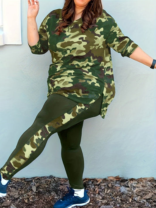 Split Pattern Camo Skinny Two-piece Pants Set At9042
