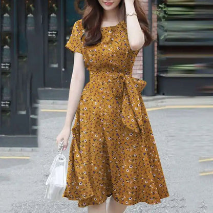 Short Summer O Neck Holiday Knee Length Robe Femme Midi Dresses