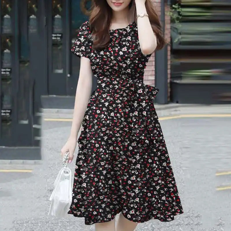 Short Summer O Neck Holiday Knee Length Robe Femme Midi Dresses