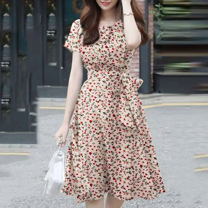 Short Summer O Neck Holiday Knee Length Robe Femme Midi Dresses