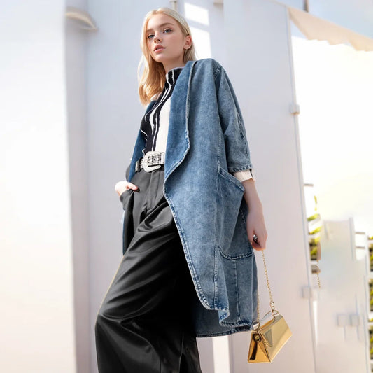 Blue Patchwork Long Minimalist Loose Coat