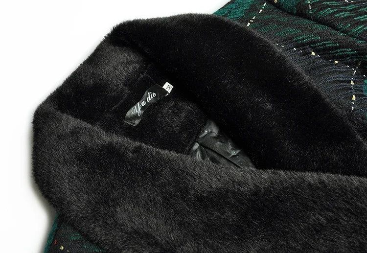 Designer Runway Fur Long Lace Plaid Warm Coat