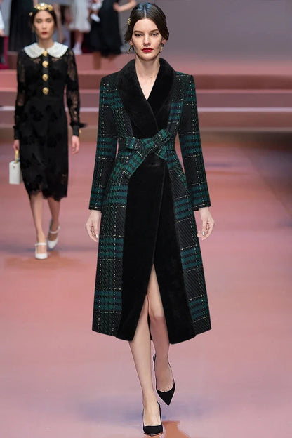 Designer Runway Fur Long Lace Plaid Warm Coat