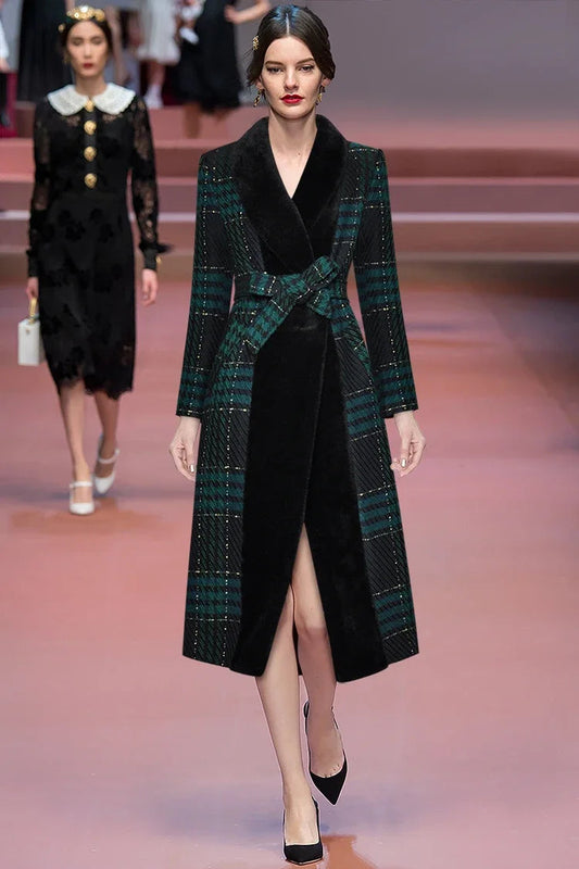 Designer Runway Fur Long Lace Plaid Warm Coat