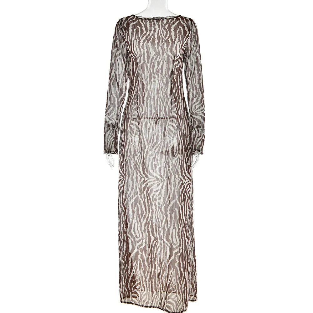 Zebra Print Long Sleeve Party Maxi Dress