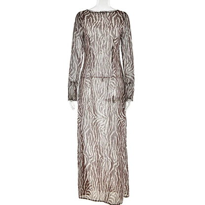 Zebra Print Long Sleeve Party Maxi Dress