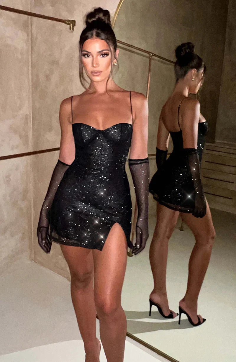 Soraya - Sparkly Mini Dress With Gloves