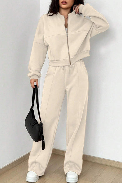 Zip-up Collarless‌ Cardigan Pants Set