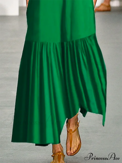 A-line Long Sleeves Pleated Classic Color Lapel Collar Midi Dresses