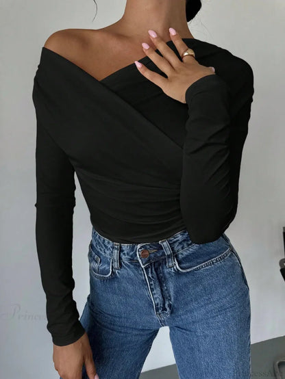 A-line Shoulder Long Sleeve Slim Knitted T-shirt