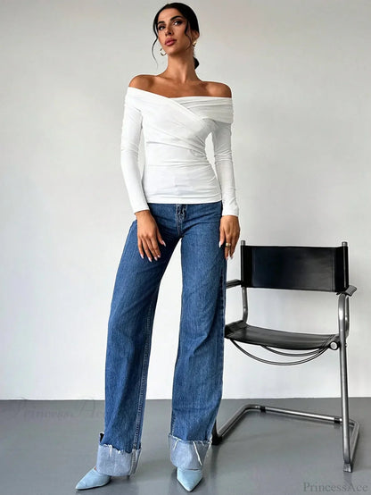 A-line Shoulder Long Sleeve Slim Knitted T-shirt