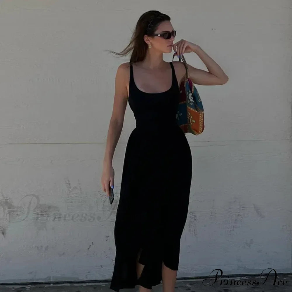 A Line Sleeveless O Neck Summer Party Beach Club Midi Dress