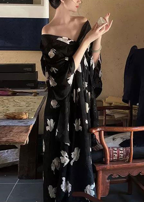 Stylish Black V Neck Print Chiffon Long Dress Half Sleeve Qp027