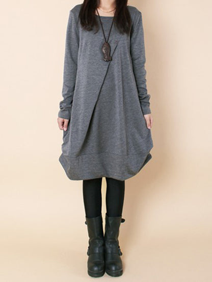 A-line Long Sleeves Pleated Color Round-neck Dresses Maxi Dresses