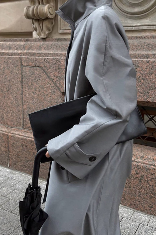 Lazy- European Color Stand Collar Belted Long Overcoat