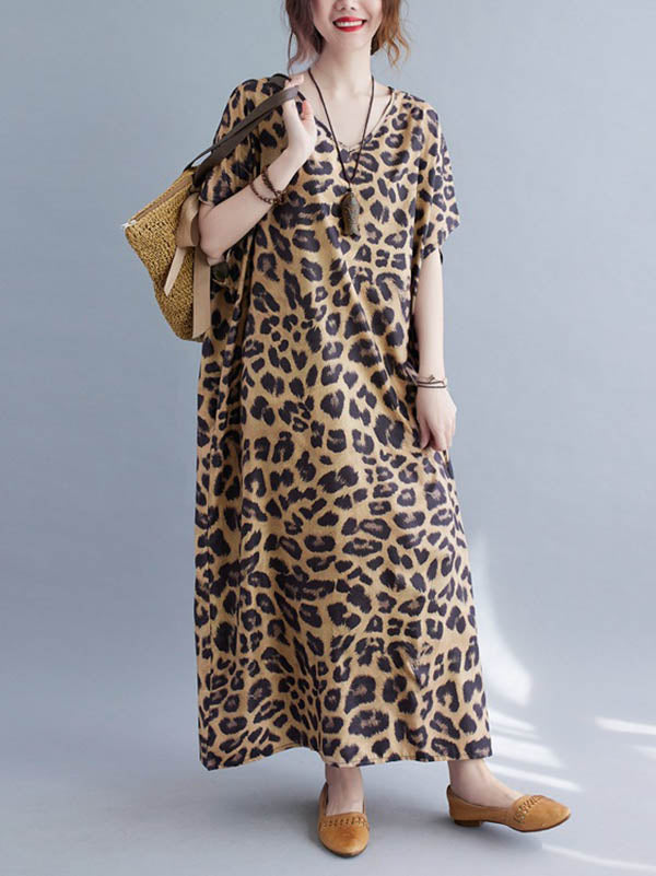 Loose Leopard V-neck Batwing Sleeves Maxi Dress