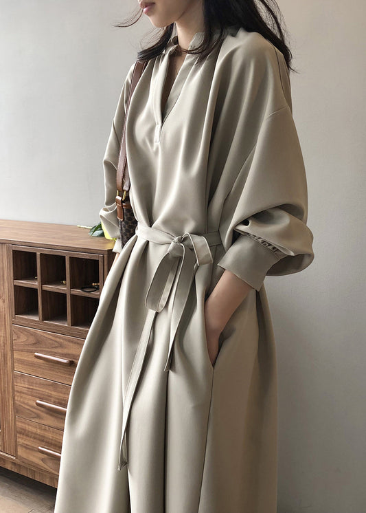 Apricot V Neck Tie Waist Cotton Long Dress Fall Af1069