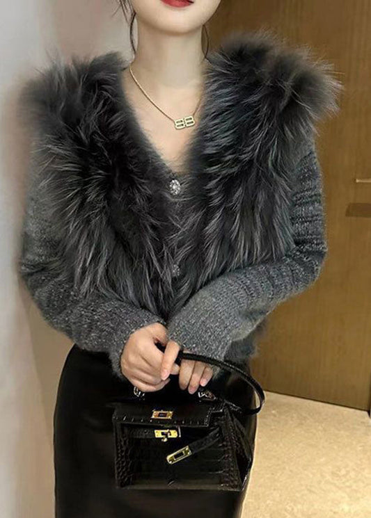 Art Grey V Neck Fur Collar Cotton Knit Sweater Winter Wv027