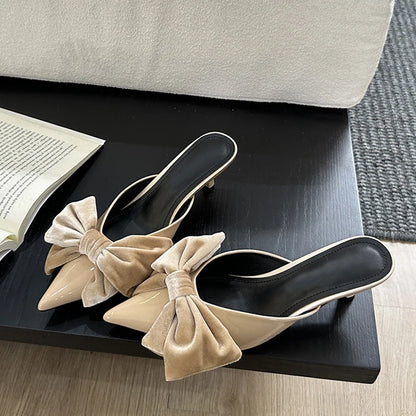 Liyke Designer Butterfly Knot Pumps Slippers – Pointed Toe Thin Heels Wedding Banquet Dress Mule Shoes