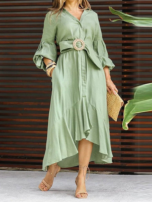 High-low Puff Sleeves Pleated Color Lapel Collar Maxi Dresses