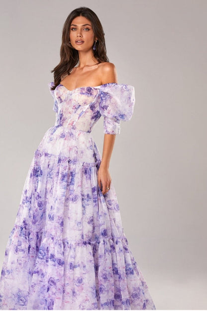 Print Off Shoulder Puff Sleeve Organza Maxi Dress