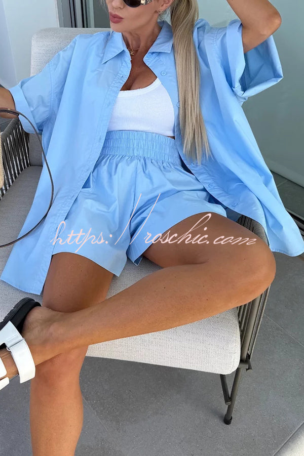 Summer Loose Short-sleeved Shirt and Elastic High Waist Shorts Set