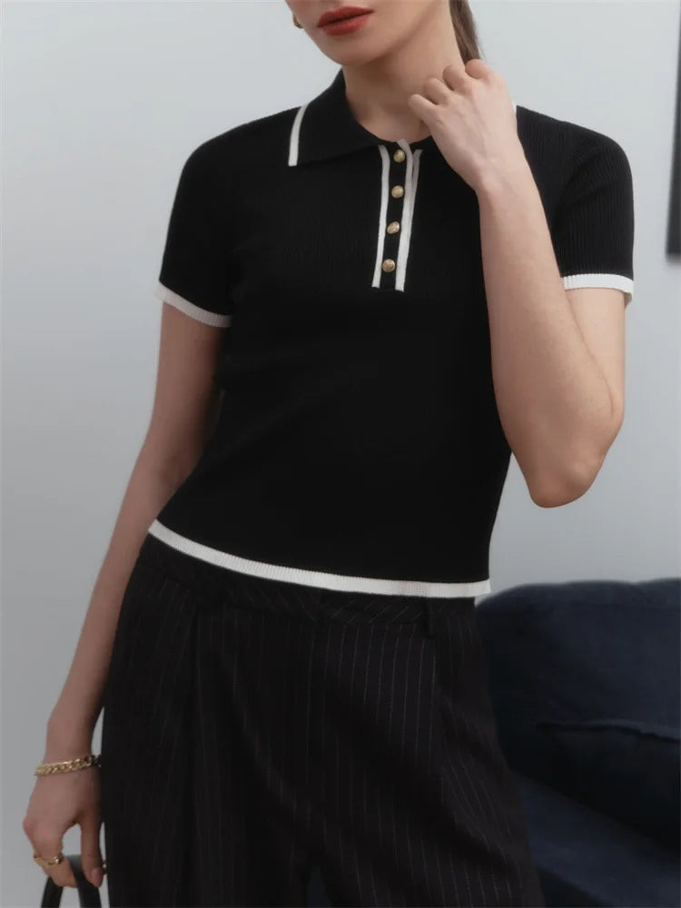 Knit Sweater Pullover Short Sleeve Patchwork Slim Lapel Contrast Knitwear Top Female Skinny Ribbed Pullover
