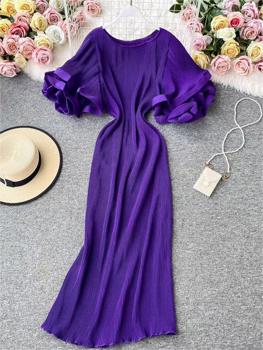 Round Neck Purple Ruffled Sleeve Maxi Dress