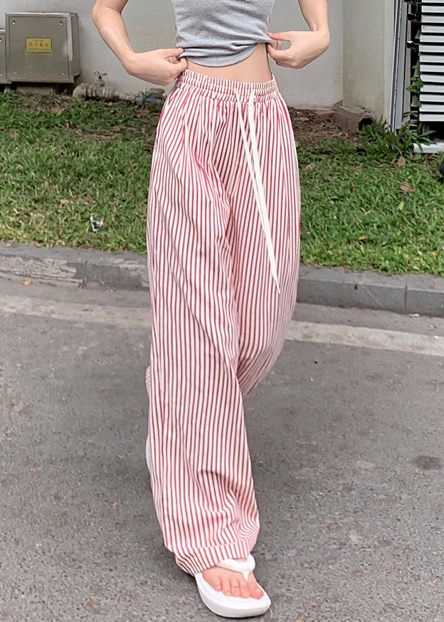 Pink Lace Up Pockets Cotton Pants High Waist Summer Nn008