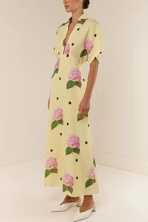 Jasmine Linen Blend Polka Dot Wide Sleeve Shirt Maxi Dress