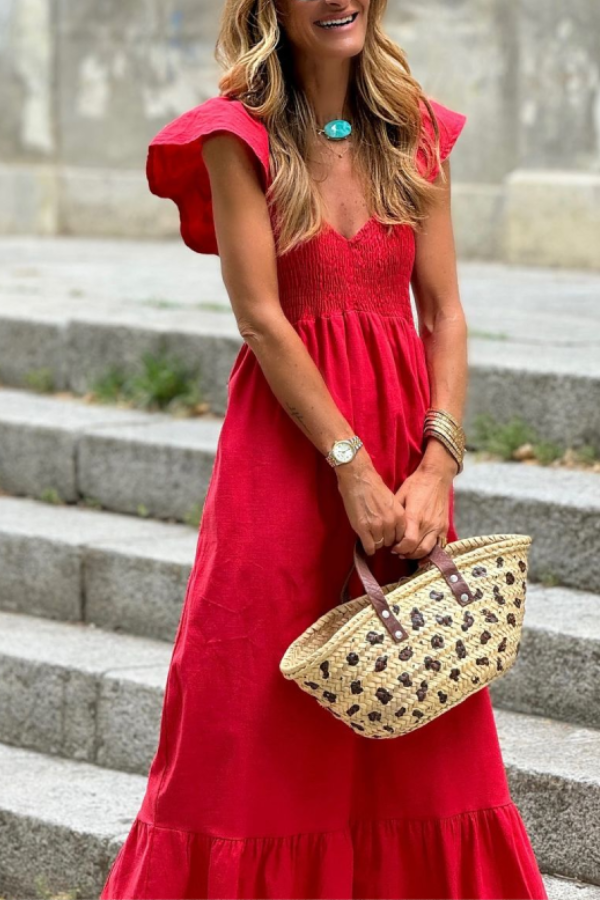 V-neck Waist Ruffled Short Sleeves Loose Hem Long Dress