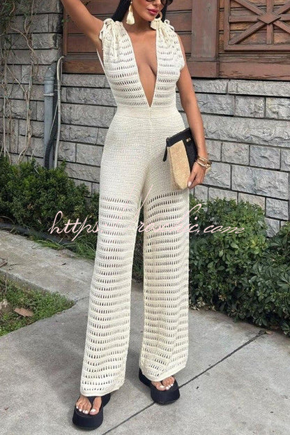 Color Knitted V-neck Holiday Hollow Jumpsuit