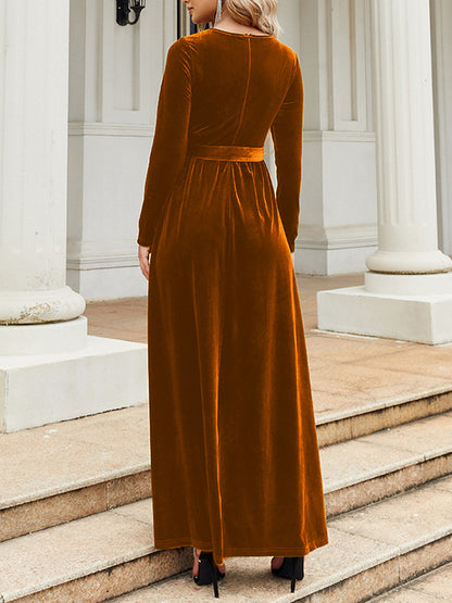 Long Sleeves Wrap Belted Pleated Color Zipper Round-neck Maxi Dresses