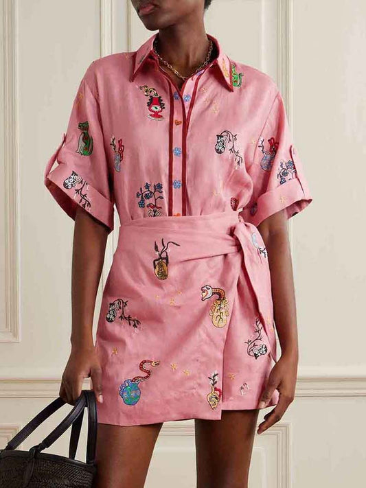 Printed Shirt Collar Cardigan Two-piece Set