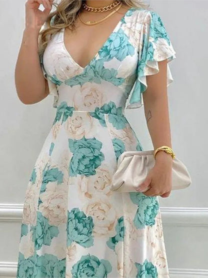 Summer New Flower Print Long Dresses Temperament V-neck Petal Short Sleeves Maxi Dress Lady Commuting Vestido