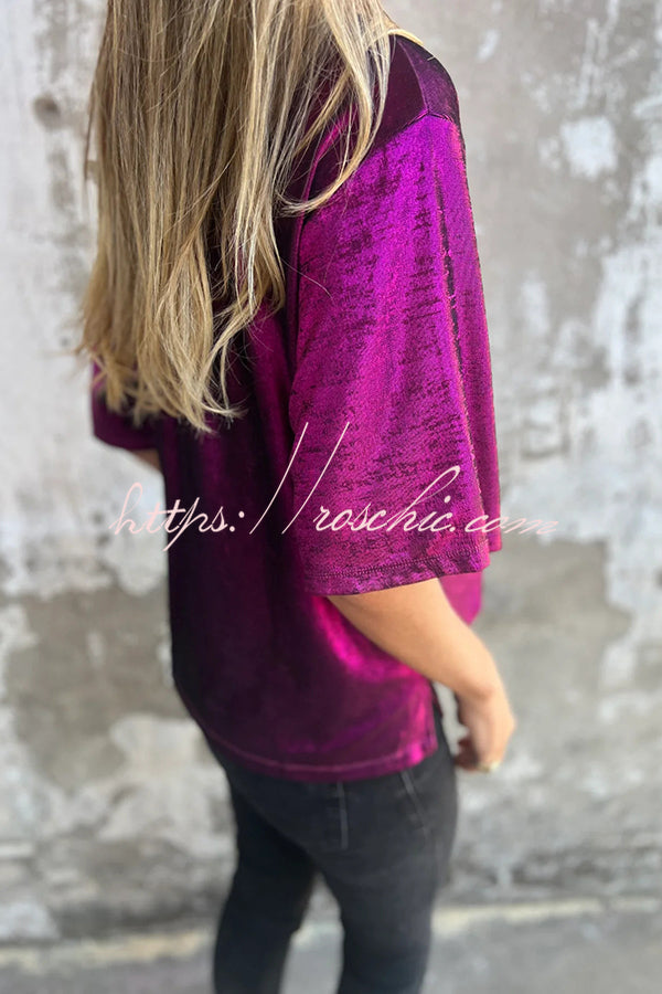 Metallic Color Round Neck Short-sleeved Loose T-shirt