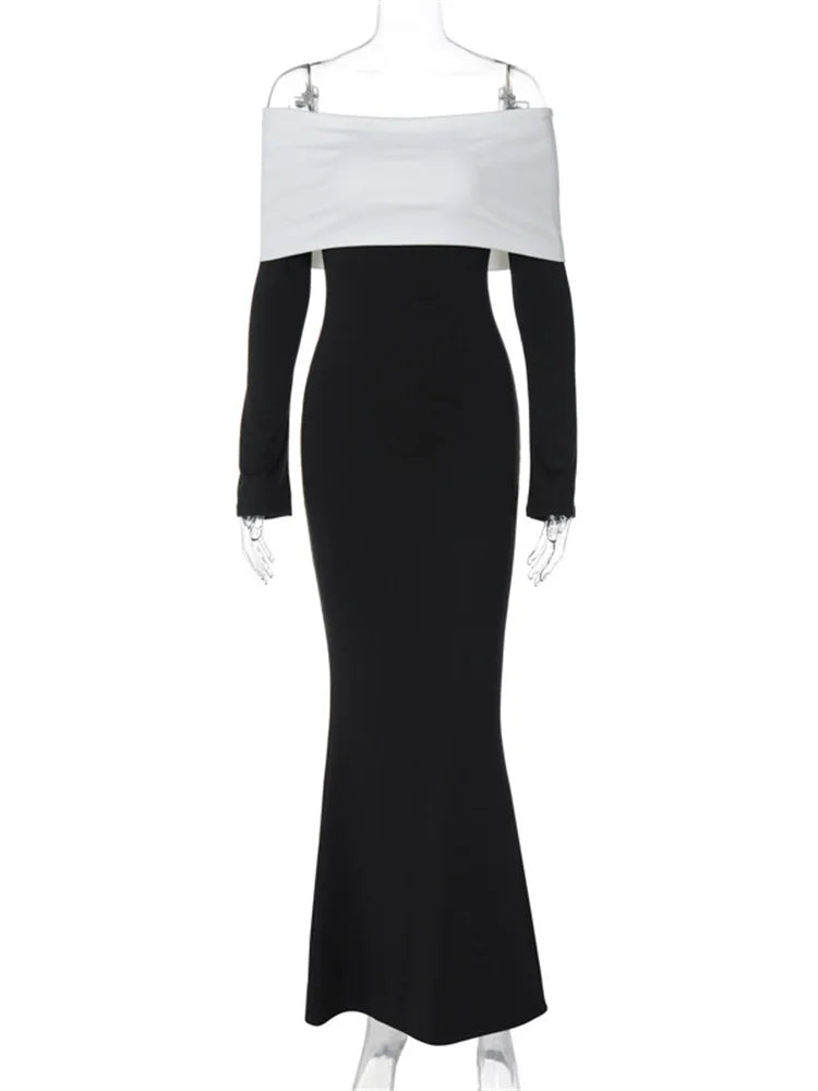 Off-shoulder Patchwork Slim Maxi Dress for Long Sleeve High Waist Backless Party Dress Female Autumn Outfit