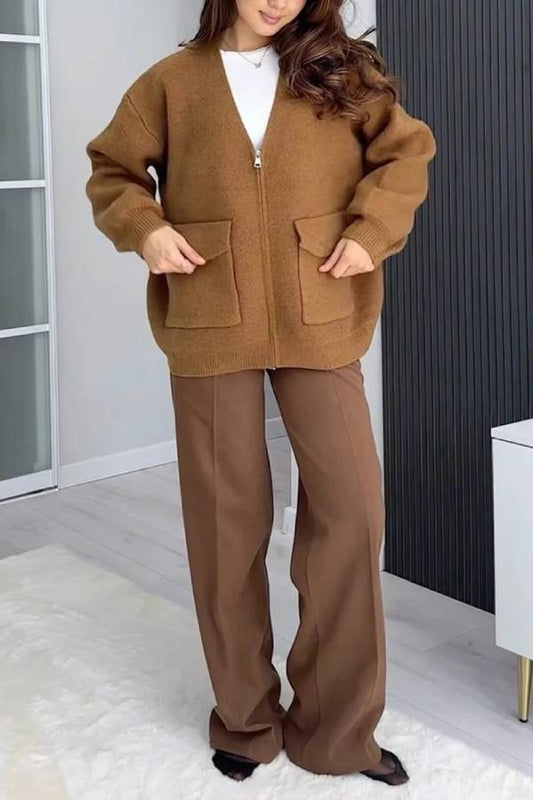 Color Versatile V-neck Pocket Sweater Jacket