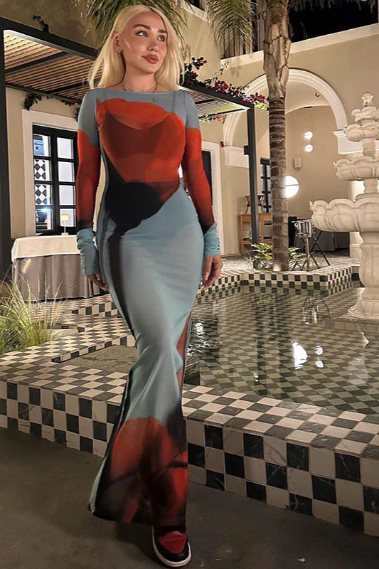 Mesh Sheer Round Neck Split Maxi Dress