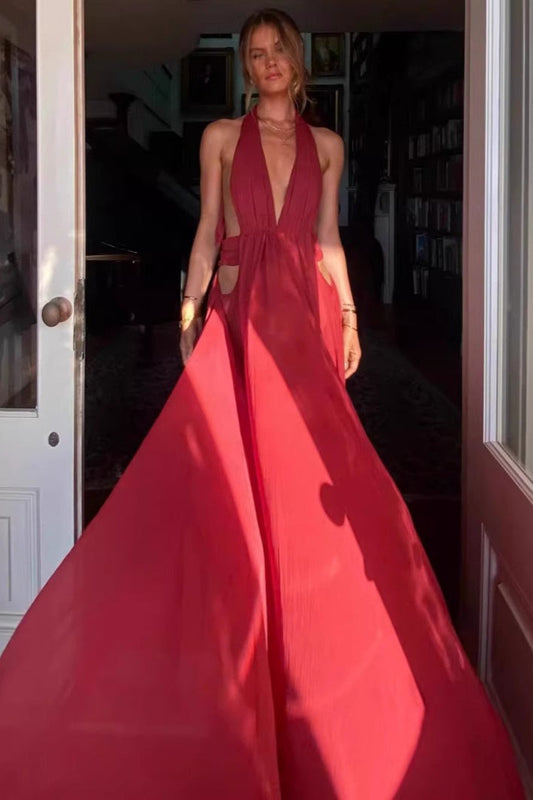 French Backless Halter V-neck Maxi Dress