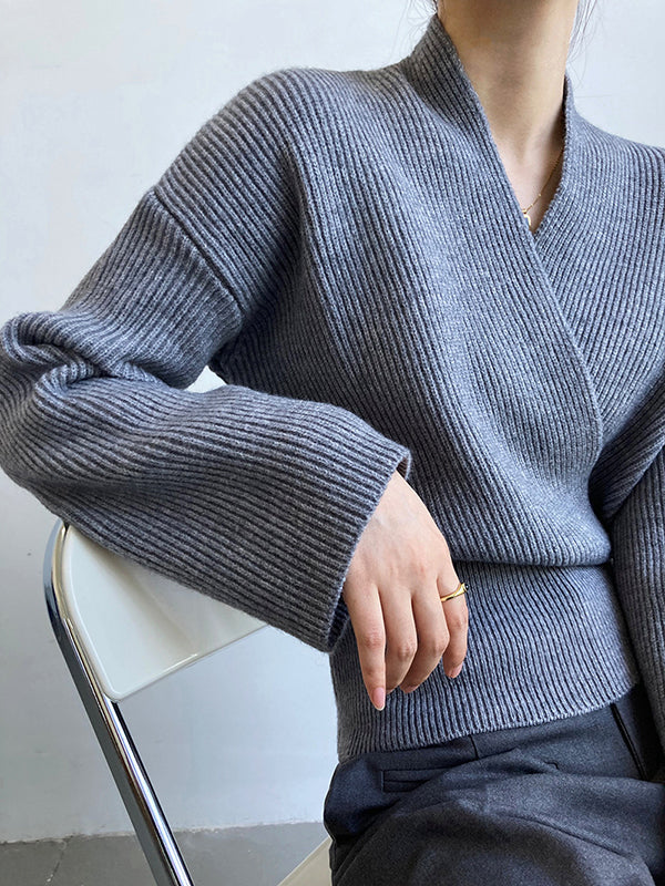 French Grey Cross V-neck Long Sleeve Sweater Qx012