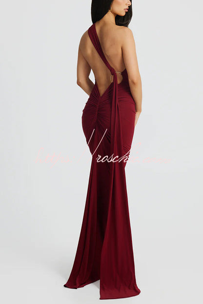 Backless Pleated Slim Color Sleeveless Maxi Dress