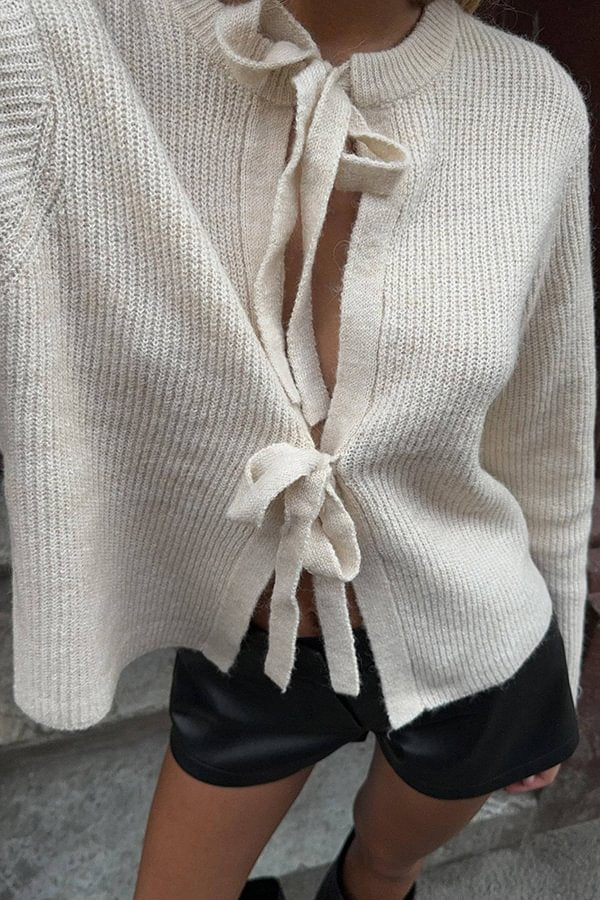 Color Loose Long Sleeve Lace-up Knitted Cardigan