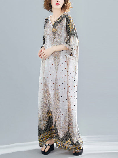 Printed V-neck Batwing Sleeve Maxi Dress