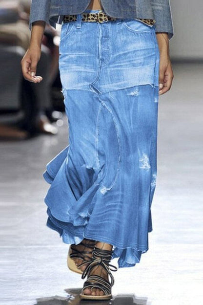 90's Distressed Paneled Irregular Hem Denim Skirt